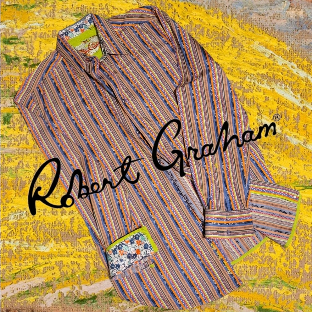 Robert Graham Stripe Constrast Cuff Button Up Shirt XLT Tall Stripe